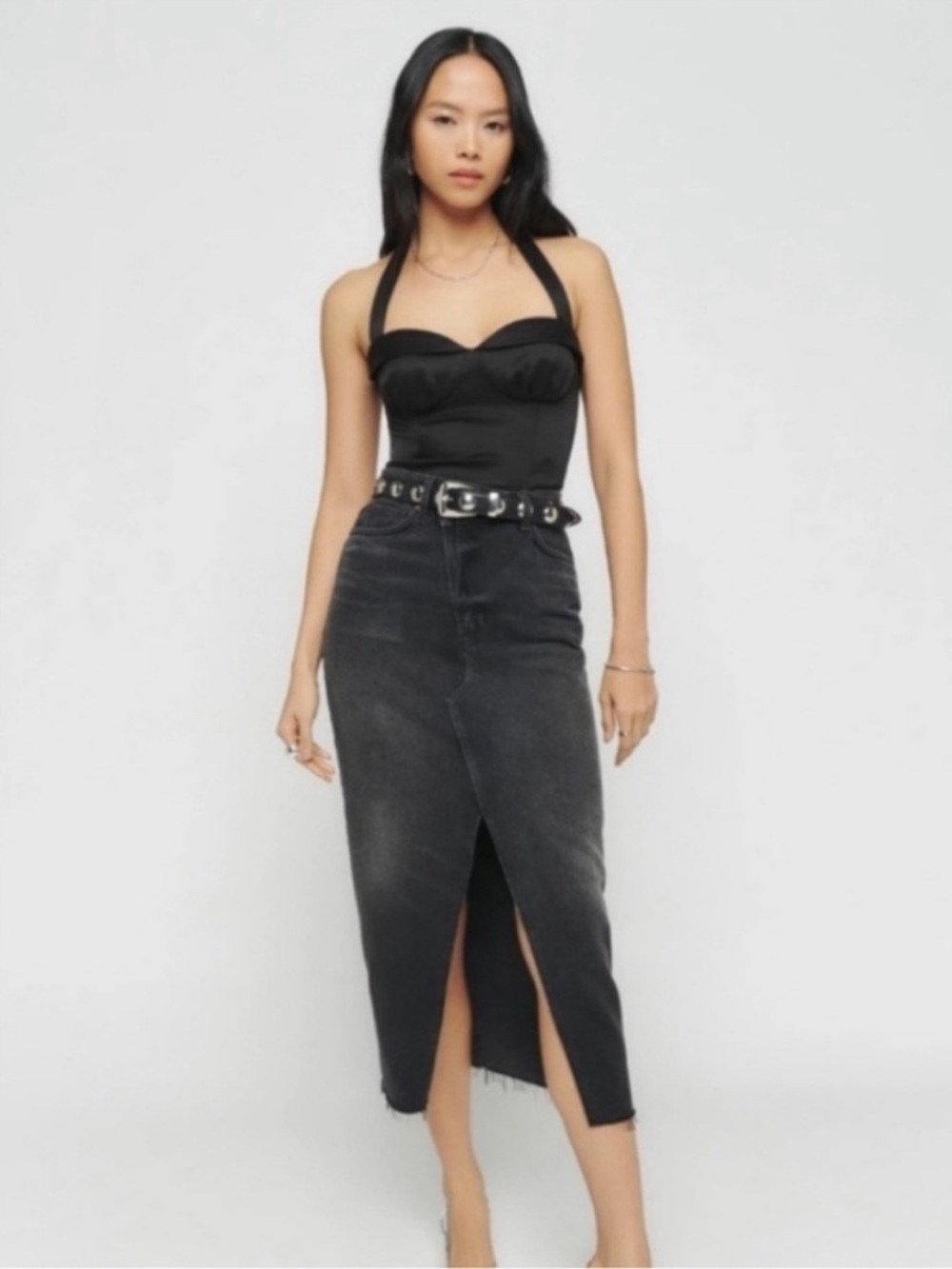 Reformation High-Waist Black Denim Midi Skirt with Front Slit